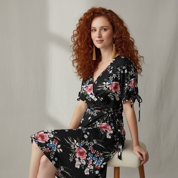 Michel Studio Dresses & Skirts - Michel Studio Floral Fit Flare Stretchy Surplice Top Slit Sleeve Dress Size 1X